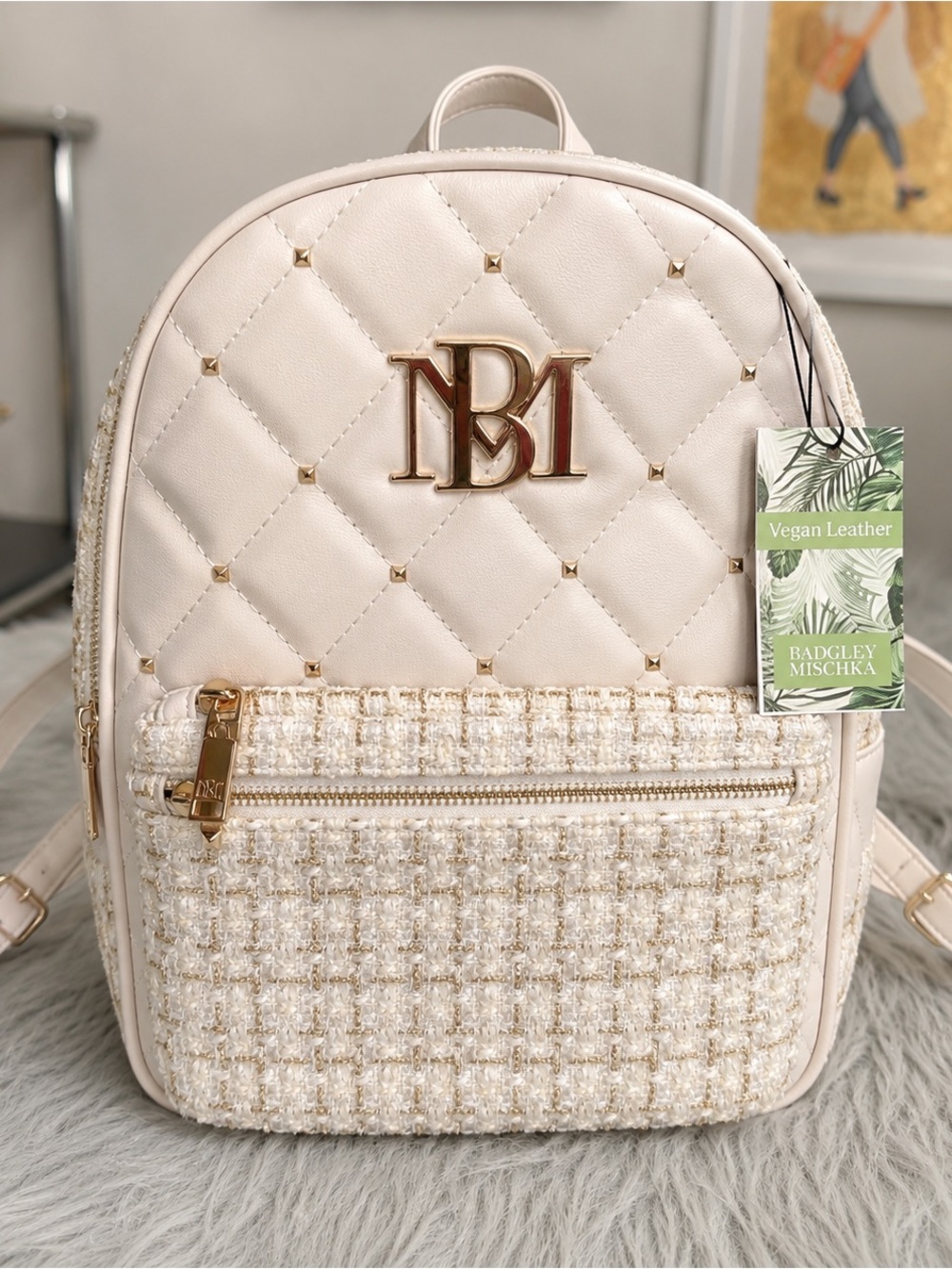 NWT Badgley Mischka Beige Vegan Leather Tweed Backpack Studded Quilted Mini Bag